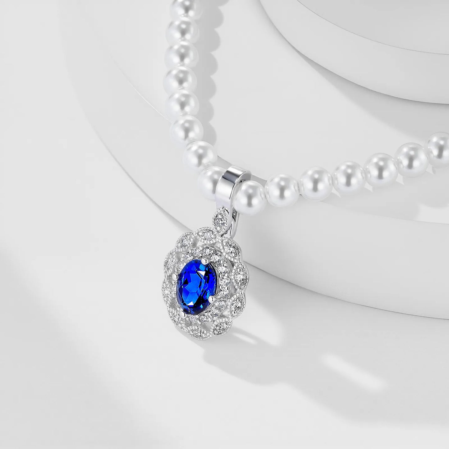 Sapphire Galaxy Necklace – 1.2ct Lab-Grown Oval Sapphire, Pearl Chain