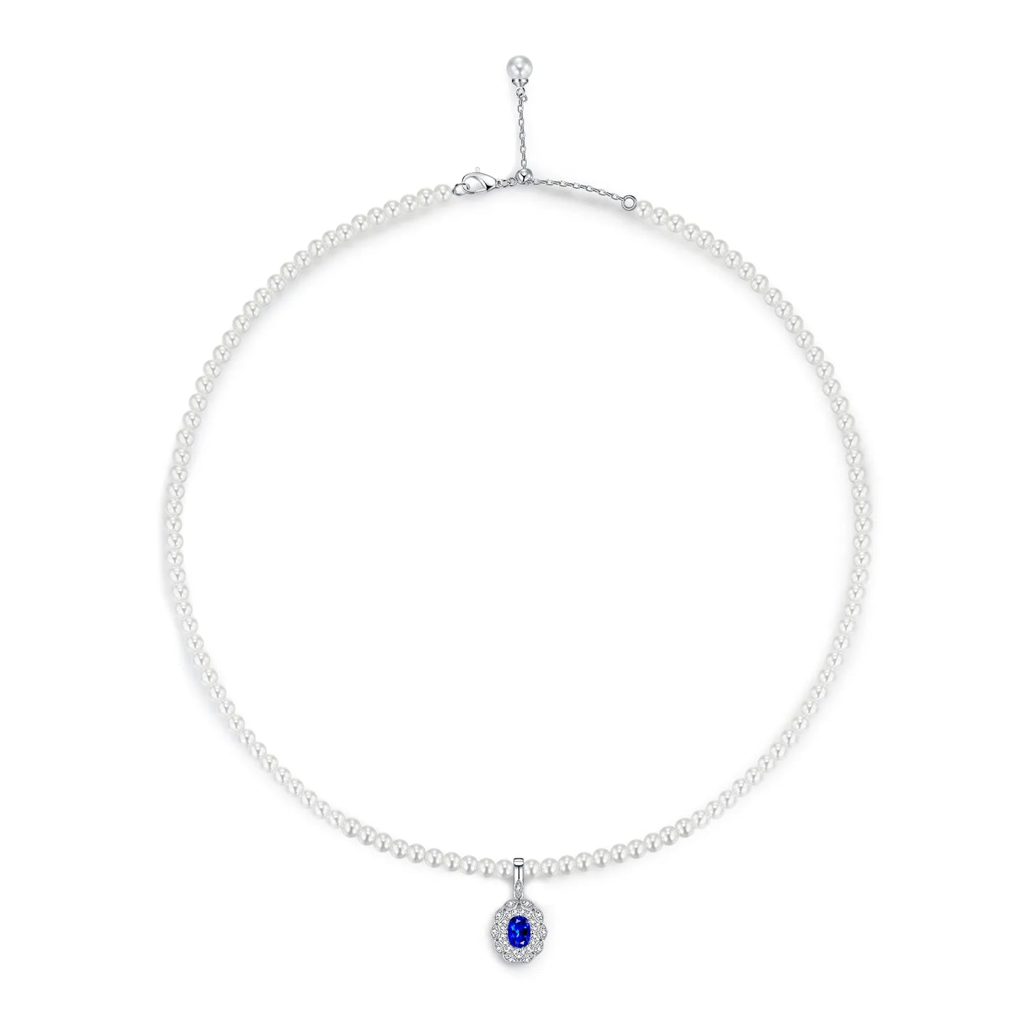 Sapphire Galaxy Necklace – 1.2ct Lab-Grown Oval Sapphire, Pearl Chain