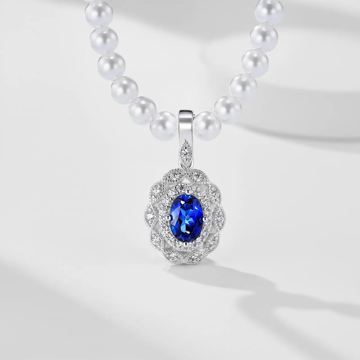 Sapphire Galaxy Necklace – 1.2ct Lab-Grown Oval Sapphire, Pearl Chain