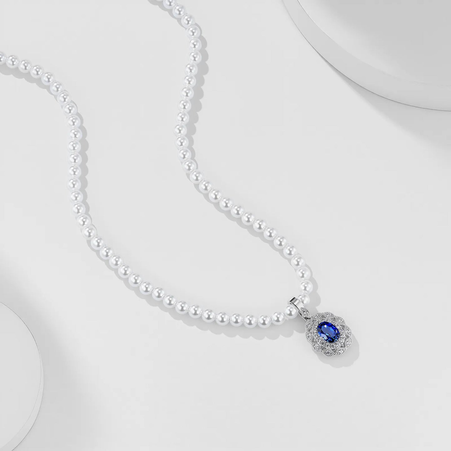 Sapphire Galaxy Necklace – 1.2ct Lab-Grown Oval Sapphire, Pearl Chain