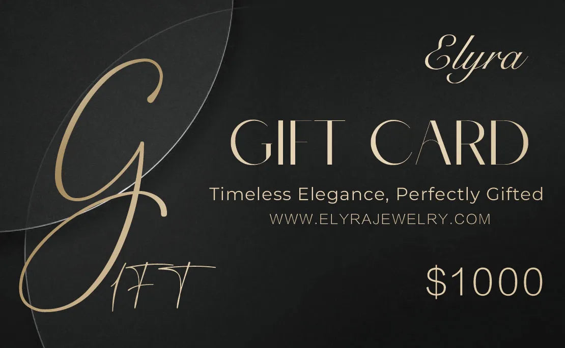 Elyra $1000 gift card featuring a luxurious black background, elegant gold typography, the tagline “Timeless Elegance, Perfectly Gifted,” and the website “www.elyrajewelry.com”.