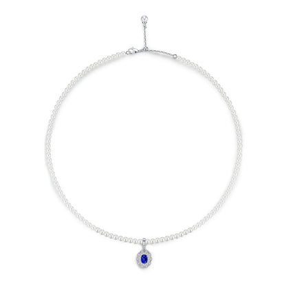Sapphire Galaxy Necklace – 1.2ct Lab-Grown Oval Sapphire, Pearl Chain