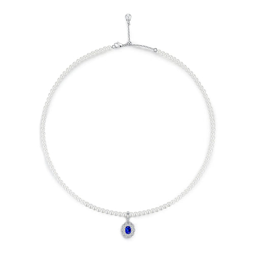 Sapphire Galaxy Necklace – 1.2ct Lab-Grown Oval Sapphire, Pearl Chain