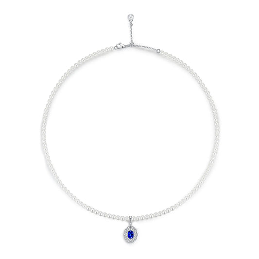 Sapphire Galaxy Necklace – 1.2ct Lab-Grown Oval Sapphire, Pearl Chain
