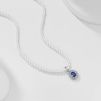 Sapphire Galaxy Necklace – 1.2ct Lab-Grown Oval Sapphire, Pearl Chain