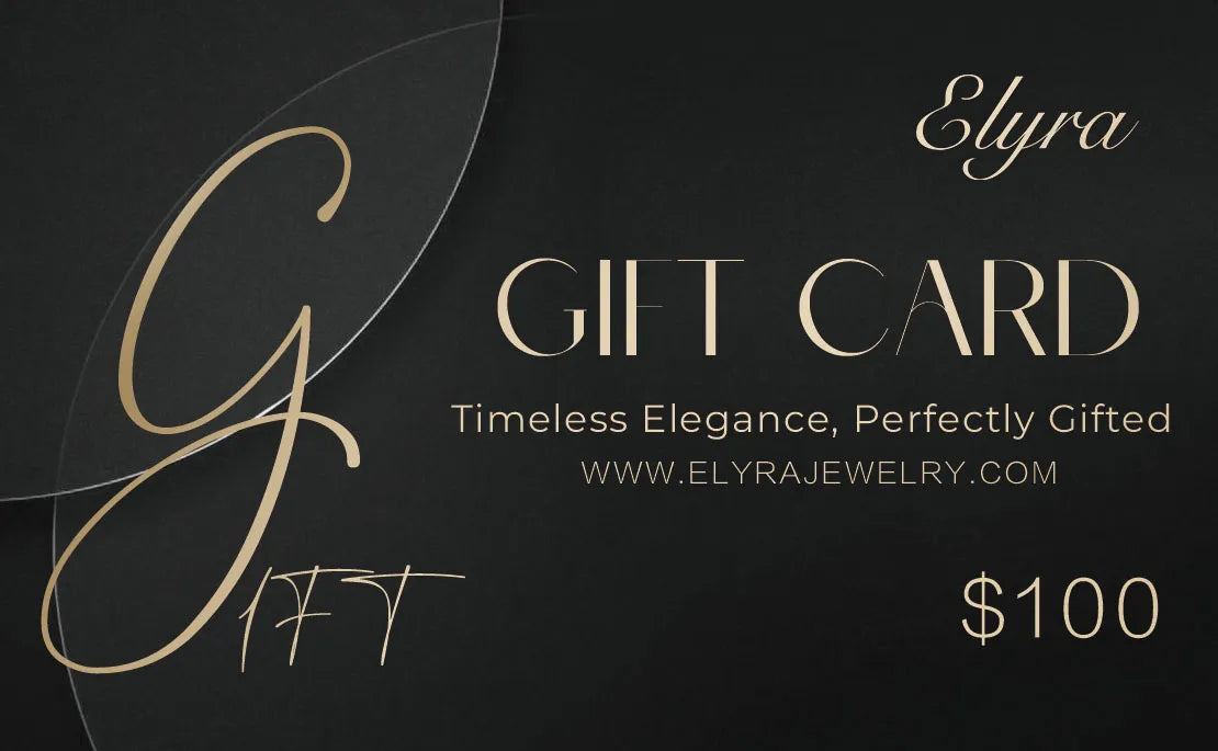 Elyra $100 gift card featuring a luxurious black background, elegant gold typography, the tagline “Timeless Elegance, Perfectly Gifted,” and the website “www.elyrajewelry.com”.