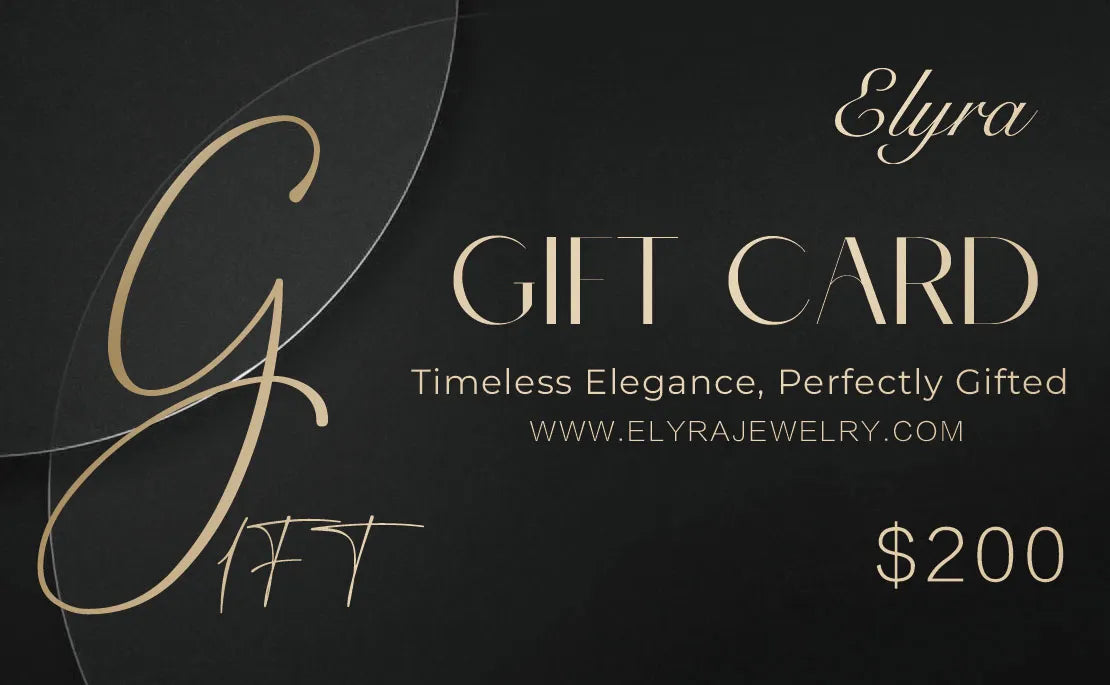 Elyra $200 gift card featuring a luxurious black background, elegant gold typography, the tagline “Timeless Elegance, Perfectly Gifted,” and the website “www.elyrajewelry.com”.