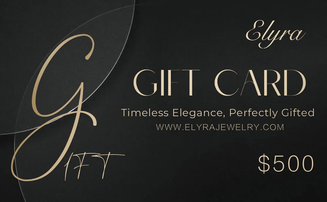 Elyra $500 gift card featuring a luxurious black background, elegant gold typography, the tagline “Timeless Elegance, Perfectly Gifted,” and the website “www.elyrajewelry.com”.