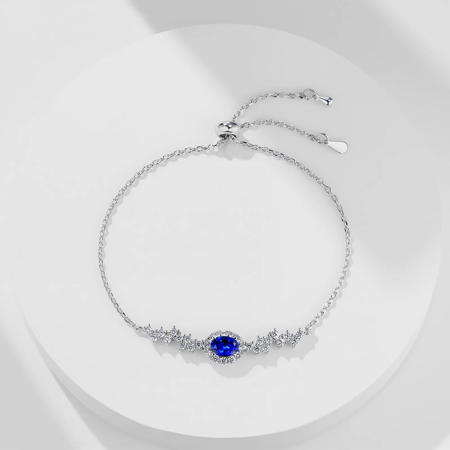 Moonlight Serenity Bracelet – 1.2ct Lab-Grown Oval Blue Sapphire, Adjustable Chain