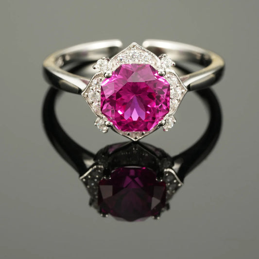 Prosperity Bloom Ruby Ring – 2.7ct Lab-Grown Octagonal Ruby, Adjustable S925 Silver