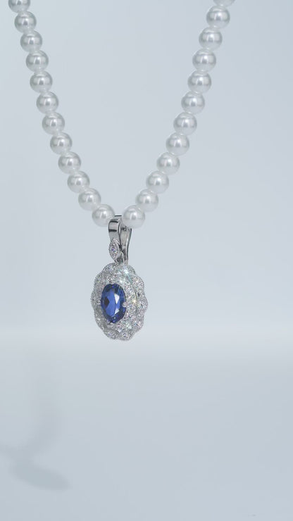 Sapphire Galaxy Necklace – 1.2ct Lab-Grown Oval Sapphire, Pearl Chain