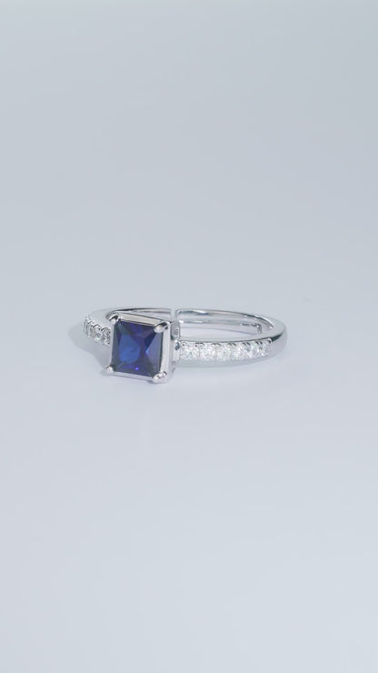 Galaxy Fingers Sapphire Ring – 0.8ct Lab-Grown Princess Cut Blue Sapphire, Adjustable S925 Silver